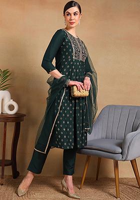 Green Woven Silk Blend Kurta Set