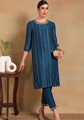 Navy Blue Embroidered Silk Blend Kurta