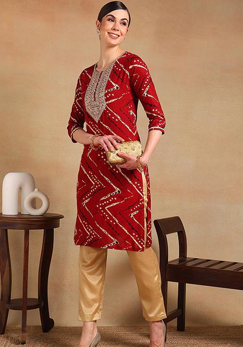 Red Printed Viscose Rayon Kurta