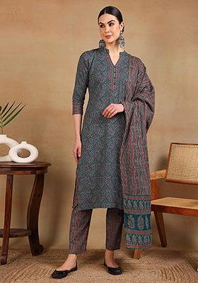Teal Printed Cotton Blend Kurta Set