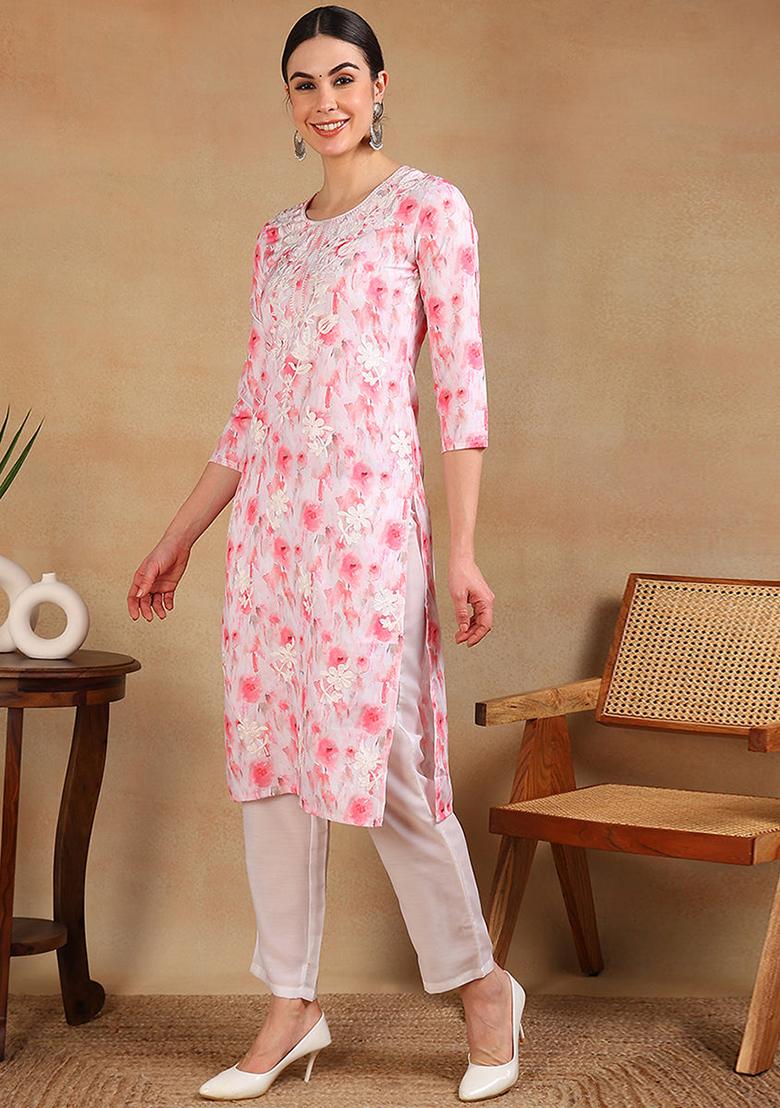White Printed Cotton Blend Kurta