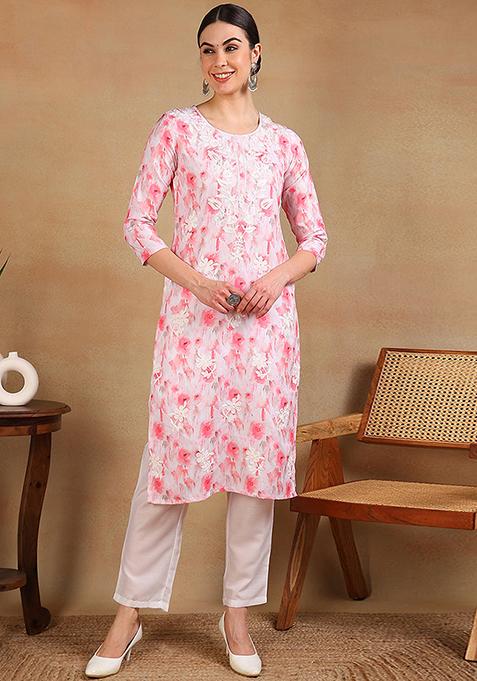 White Printed Cotton Blend Kurta