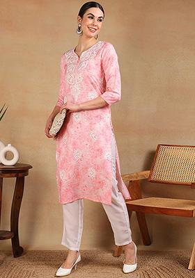 Pink Printed Cotton Blend Kurta