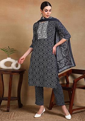 Navy Blue Printed Viscose Rayon Kurta Set