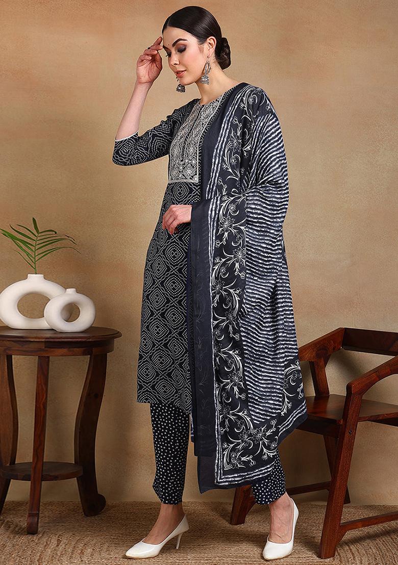 Navy Blue Printed Viscose Rayon Kurta Set