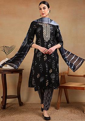 Black Printed Cotton Blend Kurta Set