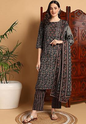 Black Printed Pure Cotton Kurta Set