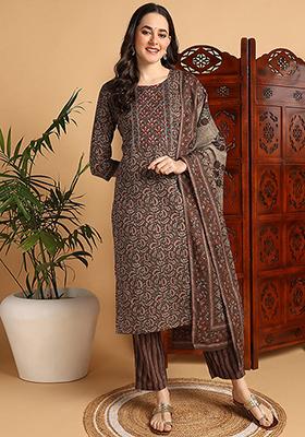 Brown Printed Pure Cotton Kurta Set
