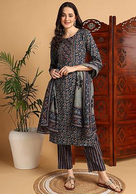 Blue Printed Pure Cotton Kurta Set