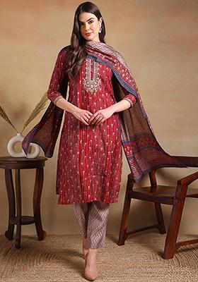 Maroon Embroidered Silk Blend Kurta Set