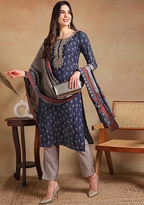 Navy Blue Embroidered Silk Blend Kurta Set