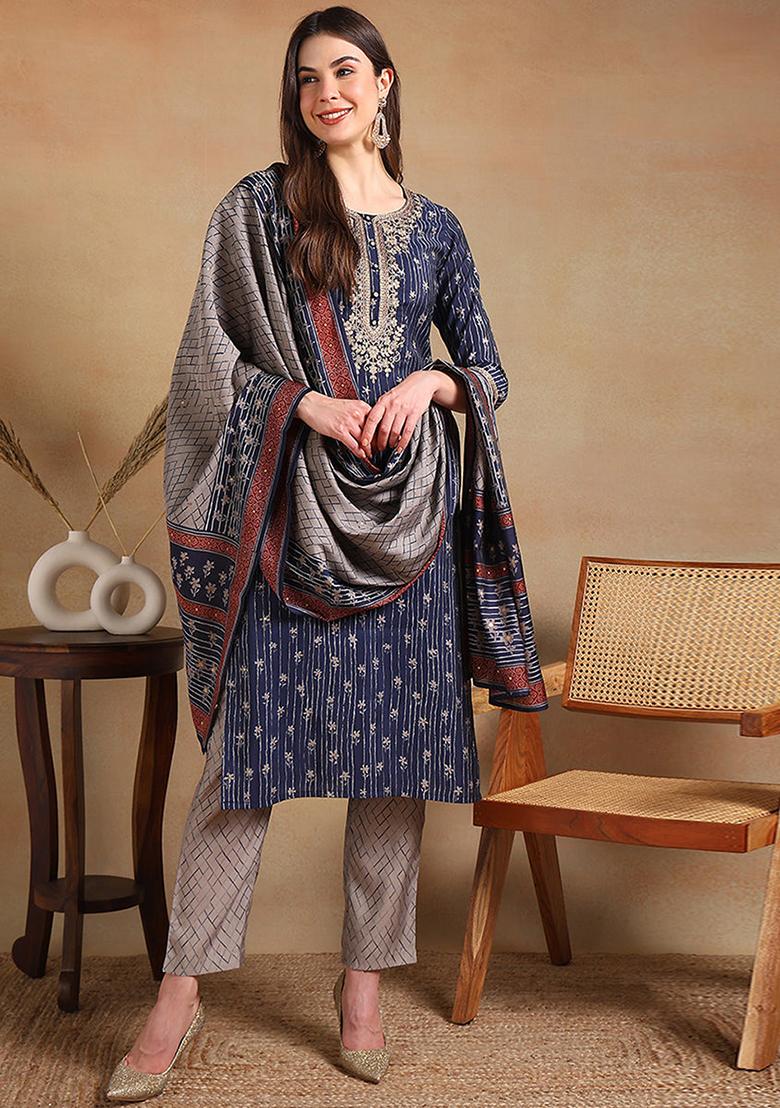 Navy Blue Embroidered Silk Blend Kurta Set
