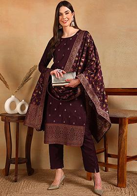 Burgundy Woven Poly Chanderi Kurta Set