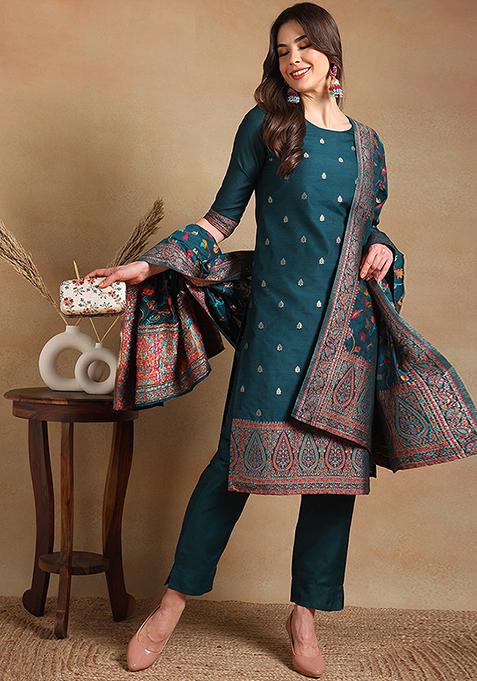 Teal Woven Poly Chanderi Kurta Set