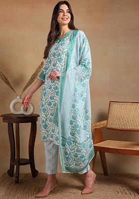 Off White Printed Cotton Blend Kurta Set