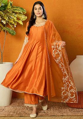 Orange Embroidered Silk Blend Kurta Set