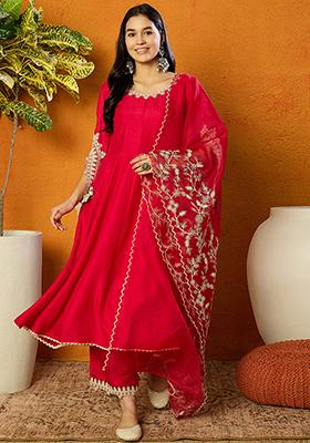 Fuchsia Embroidered Silk Blend Kurta Set