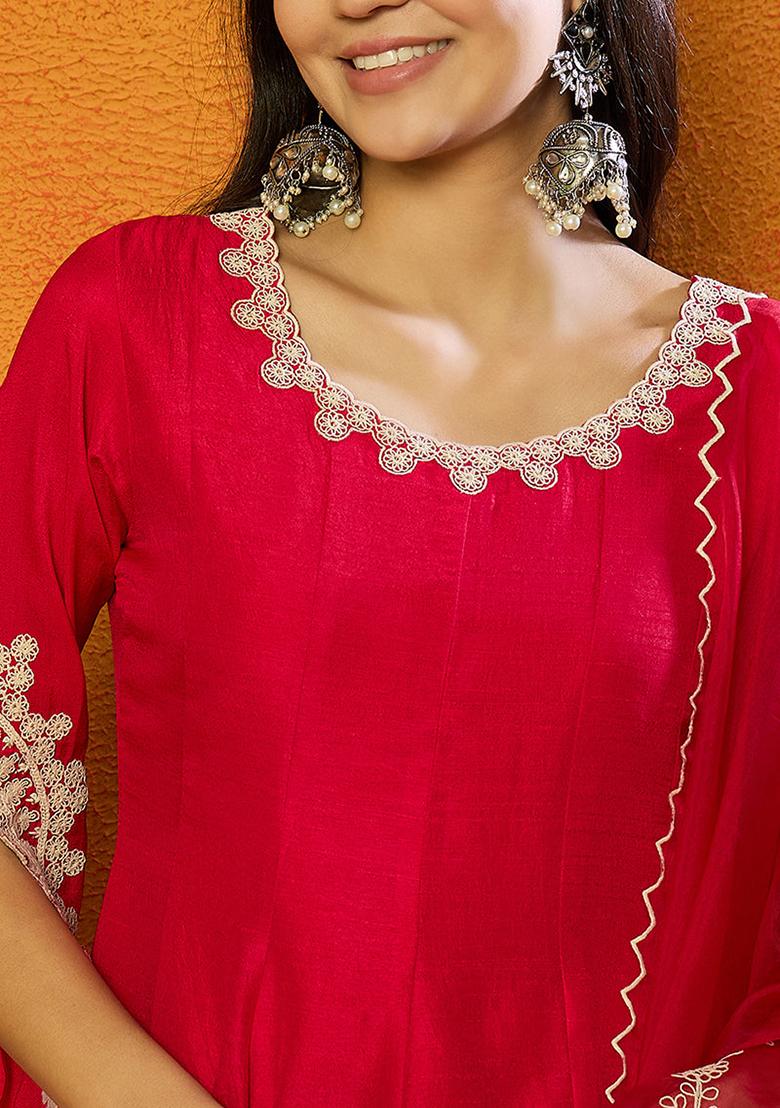 Fuchsia Embroidered Silk Blend Kurta Set - Indya