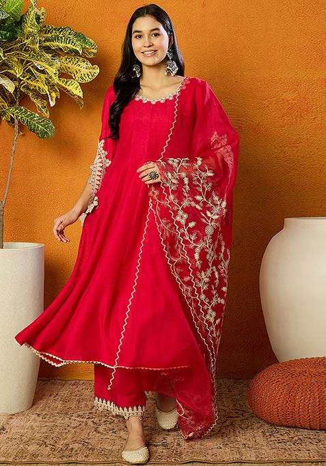Fuchsia Embroidered Silk Blend Kurta Set