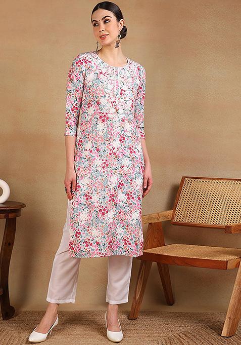 White Printed Cotton Blend Kurta