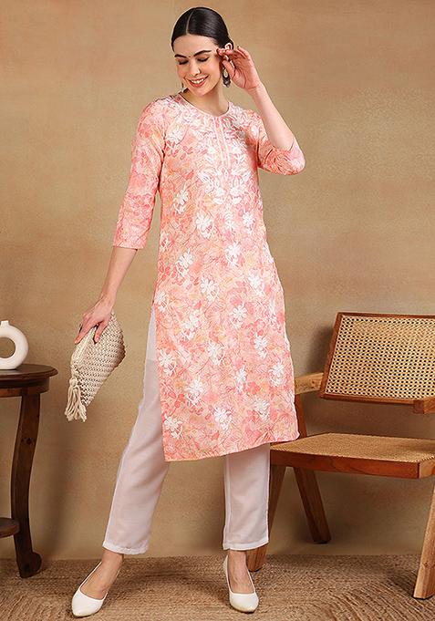 Peach Printed Cotton Blend Kurta