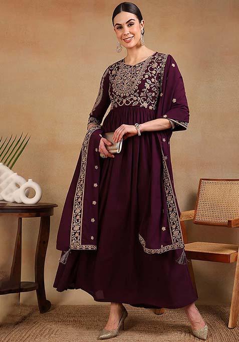 Maroon Embroidered Poly Georgette Kurta Set