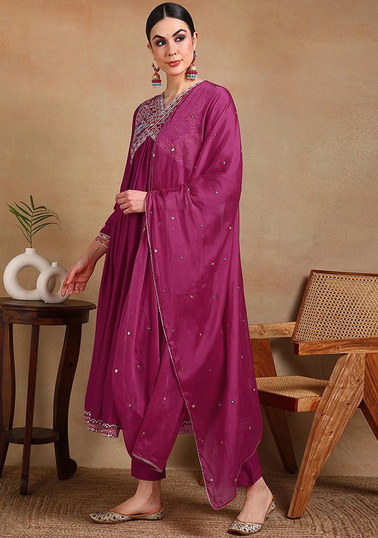 Pink Embroidered Silk Blend Kurta Set