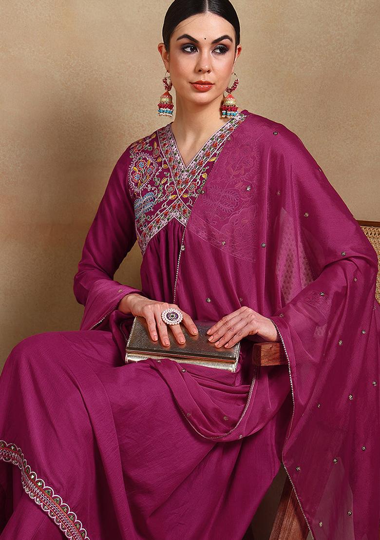 Pink Embroidered Silk Blend Kurta Set