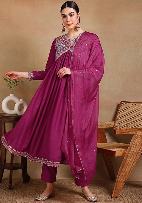 Pink Embroidered Silk Blend Kurta Set