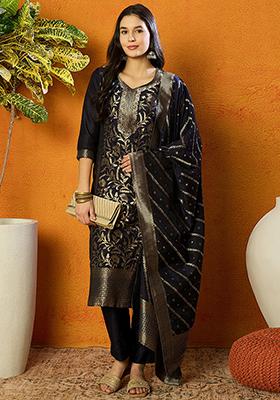 Navy Blue Printed Poly Chanderi Kurta Set