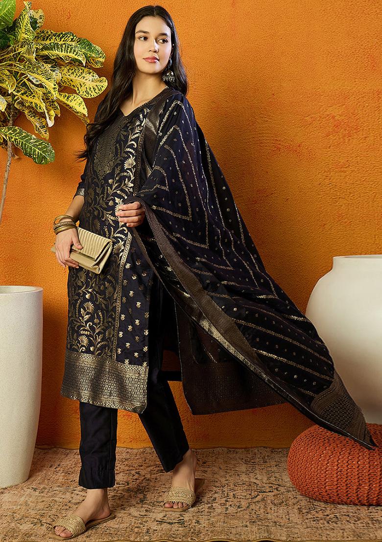 Navy Blue Printed Poly Chanderi Kurta Set
