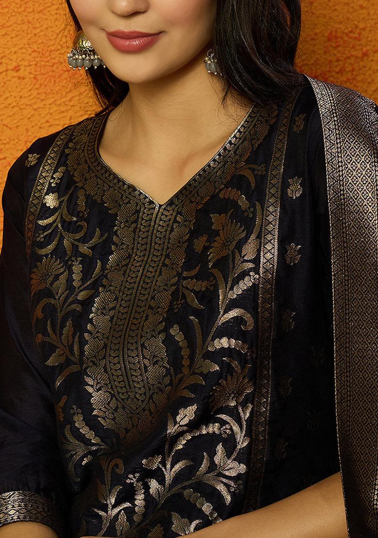 Navy Blue Printed Poly Chanderi Kurta Set