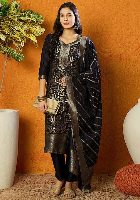 Navy Blue Printed Poly Chanderi Kurta Set
