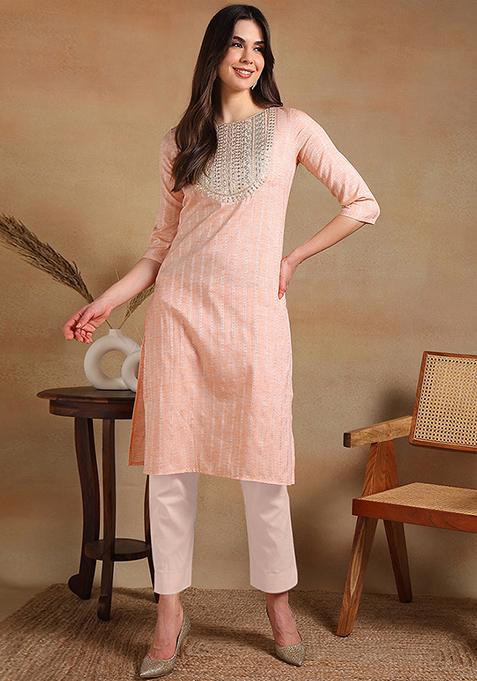 Peach Embroidered Cotton Kurta