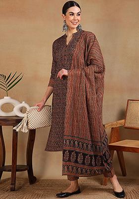 Navy Blue Printed Cotton Blend Kurta Set