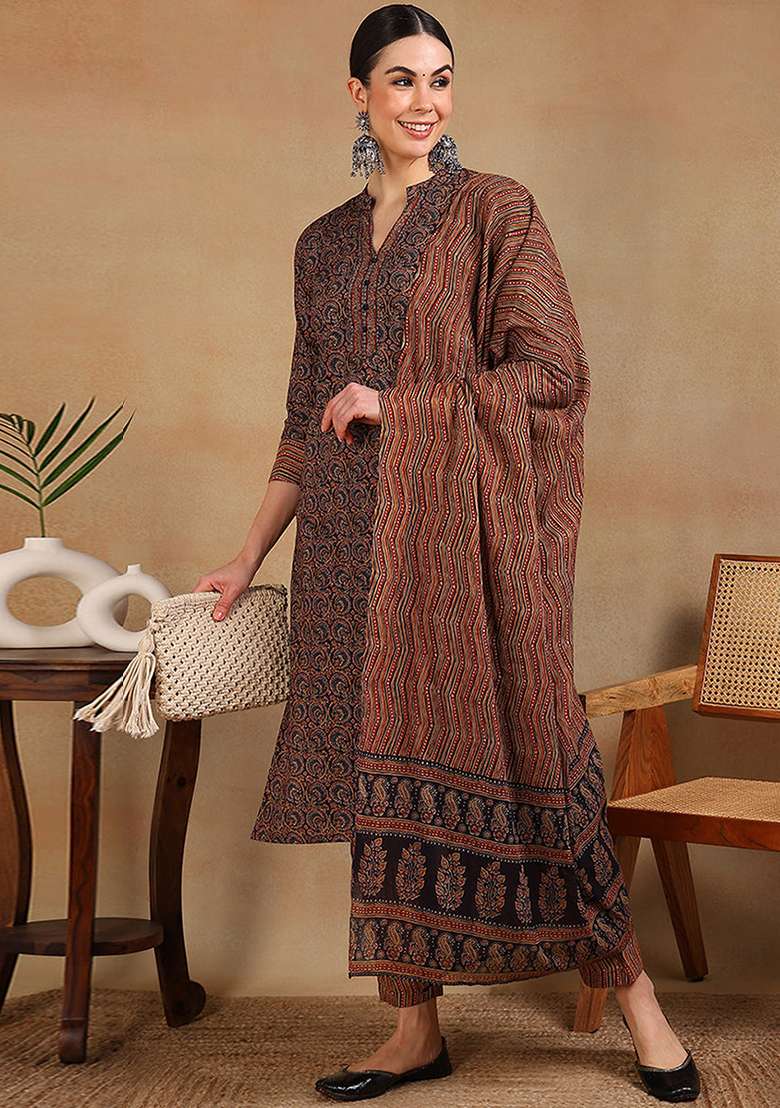 Navy Blue Printed Cotton Straight Kurta Set - Indya