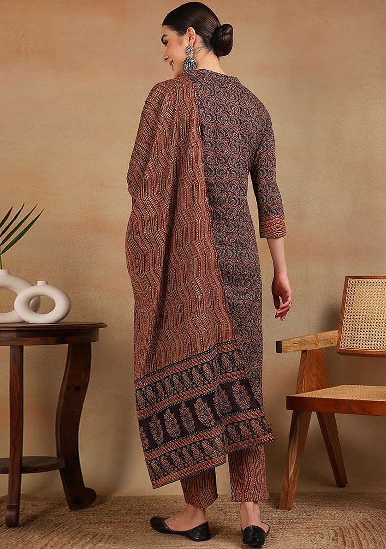 Navy Blue Printed Cotton Straight Kurta Set - Indya