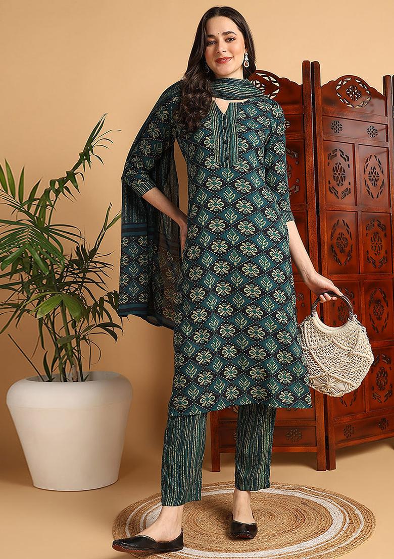 Green Printed Viscose Rayon Kurta Set