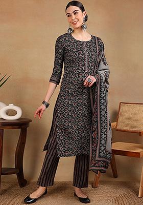 Black Embroidered Viscose Rayon Kurta Set