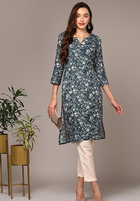 Blue Printed Viscose Rayon Kurta