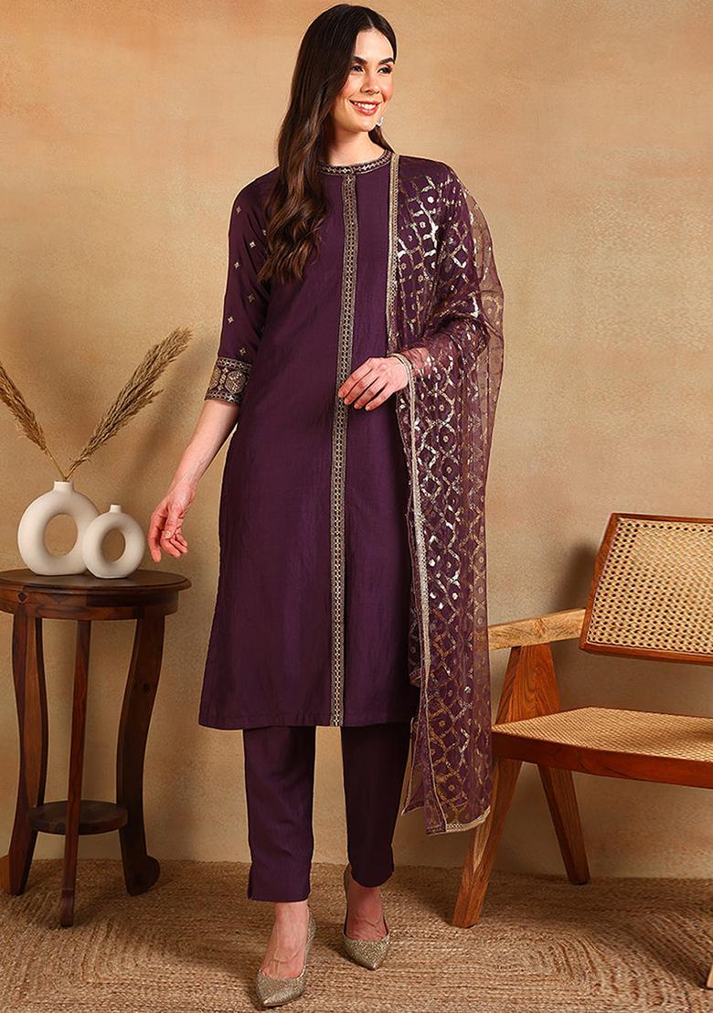 Purple Embroidered Silk Blend Kurta Set