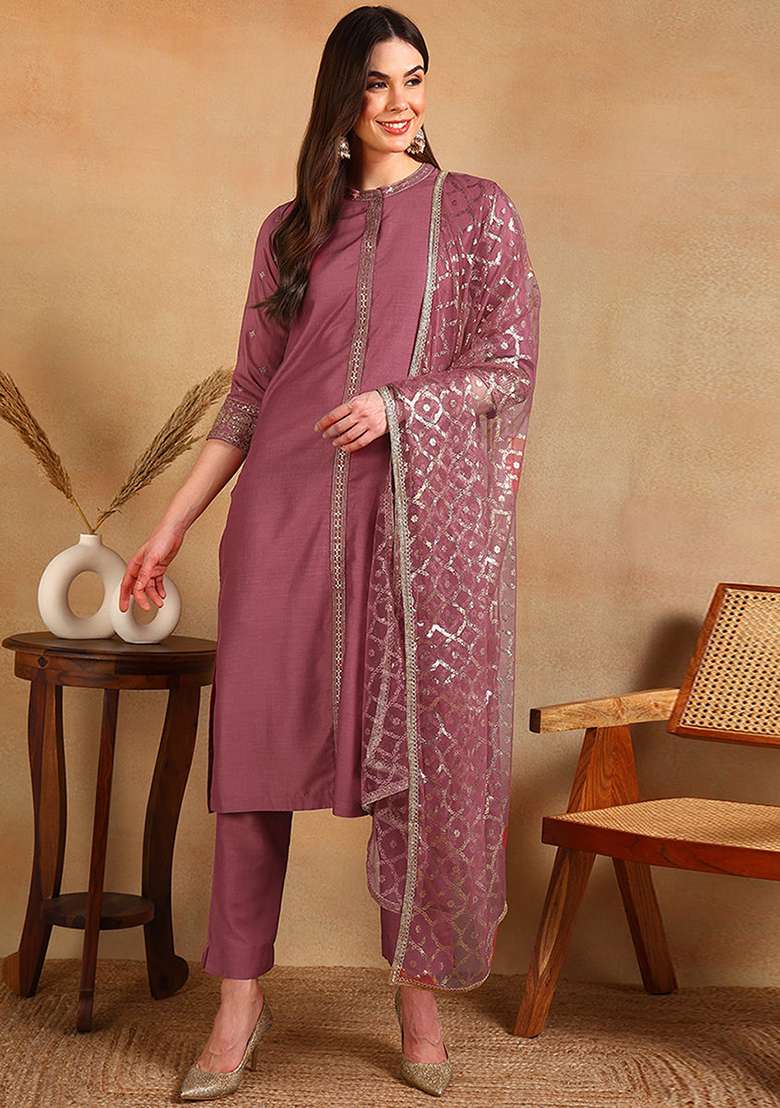 Pink Embroidered Blended Straight Kurta Set - Indya