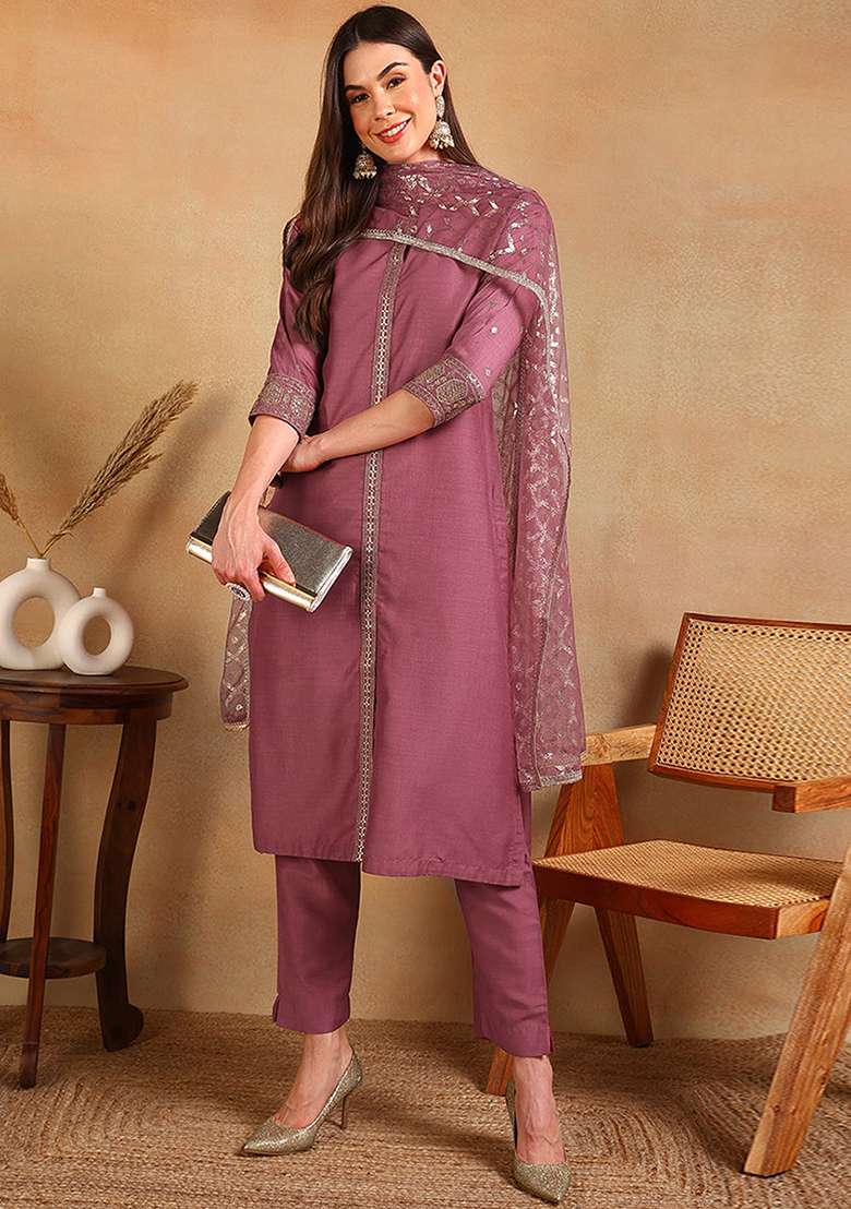 Pink Embroidered Blended Straight Kurta Set - Indya