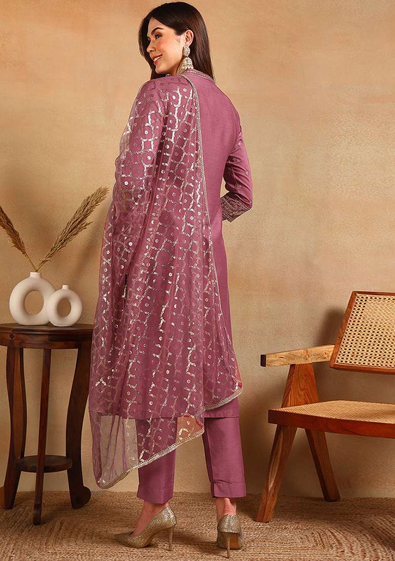 Pink Embroidered Blended Straight Kurta Set - Indya