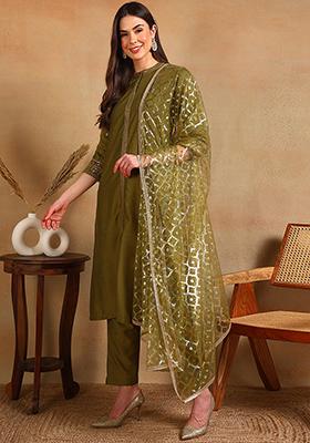 Olive Green Embroidered Silk Blend Kurta Set