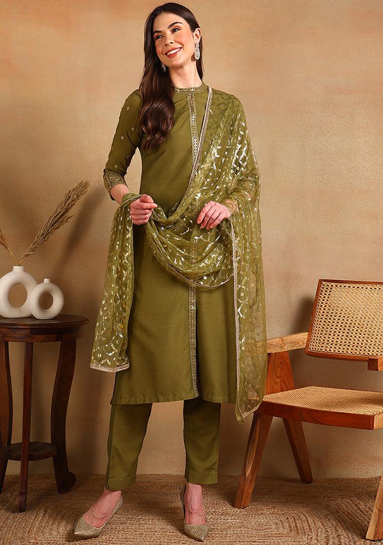 Olive Green Embroidered Silk Blend Kurta Set
