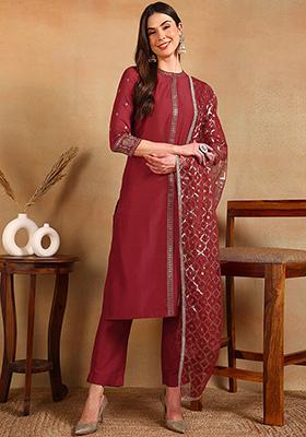 Red Embroidered Silk Blend Kurta Set