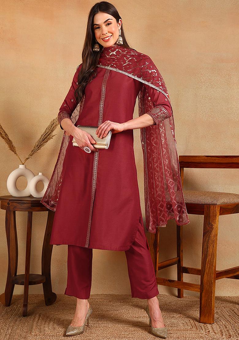 Red Embroidered Silk Blend Kurta Set