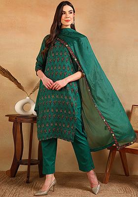 Green Printed Viscose Rayon Kurta Set