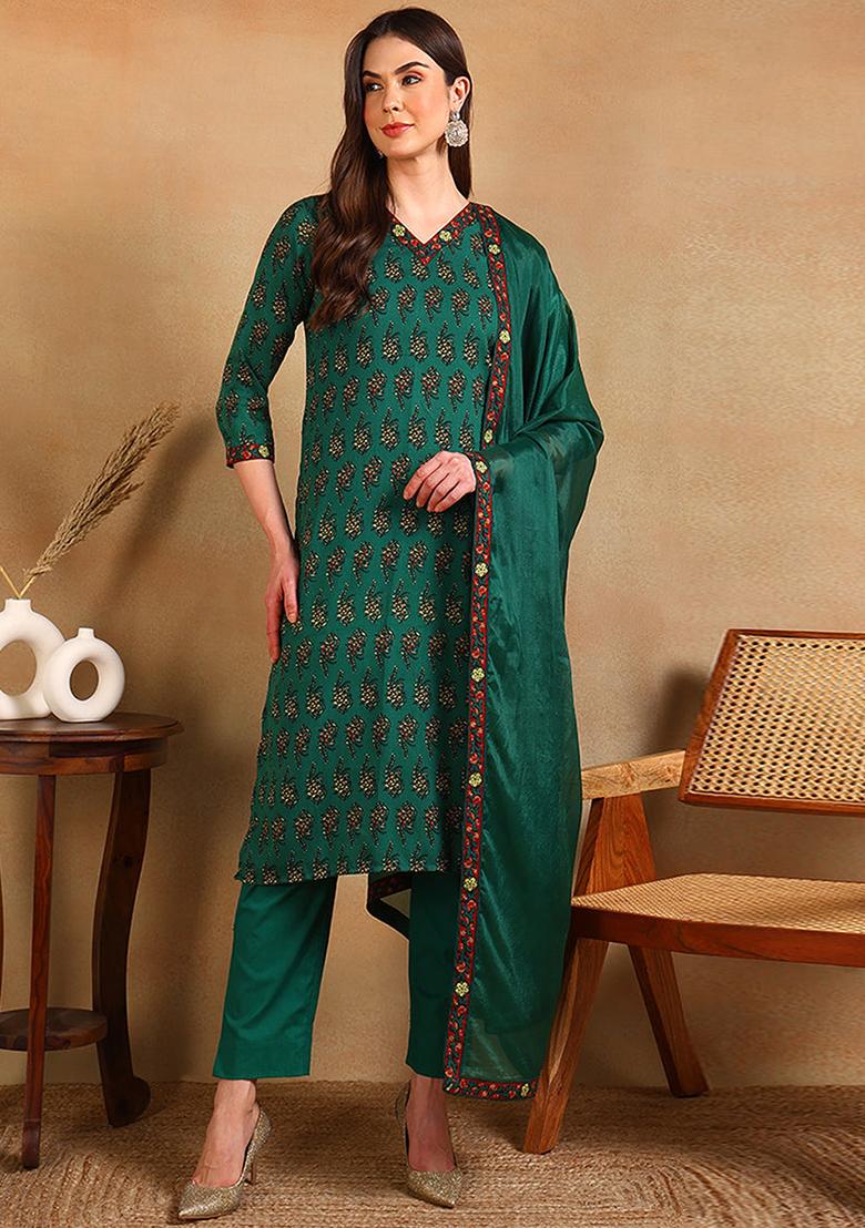 Green Printed Viscose Rayon Kurta Set
